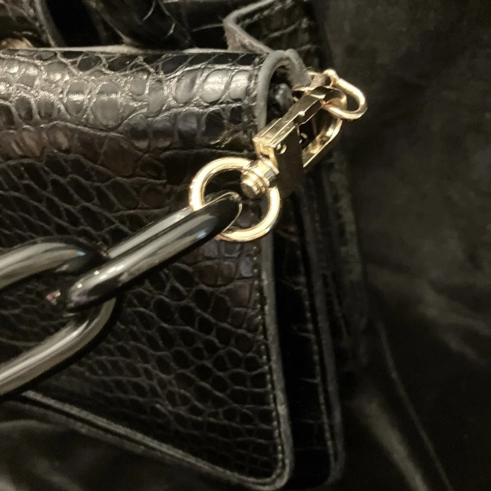 HOUSE OF WANT Newbie Satchel Bag Black Gold Hardware Croc Vegan Leather Purse